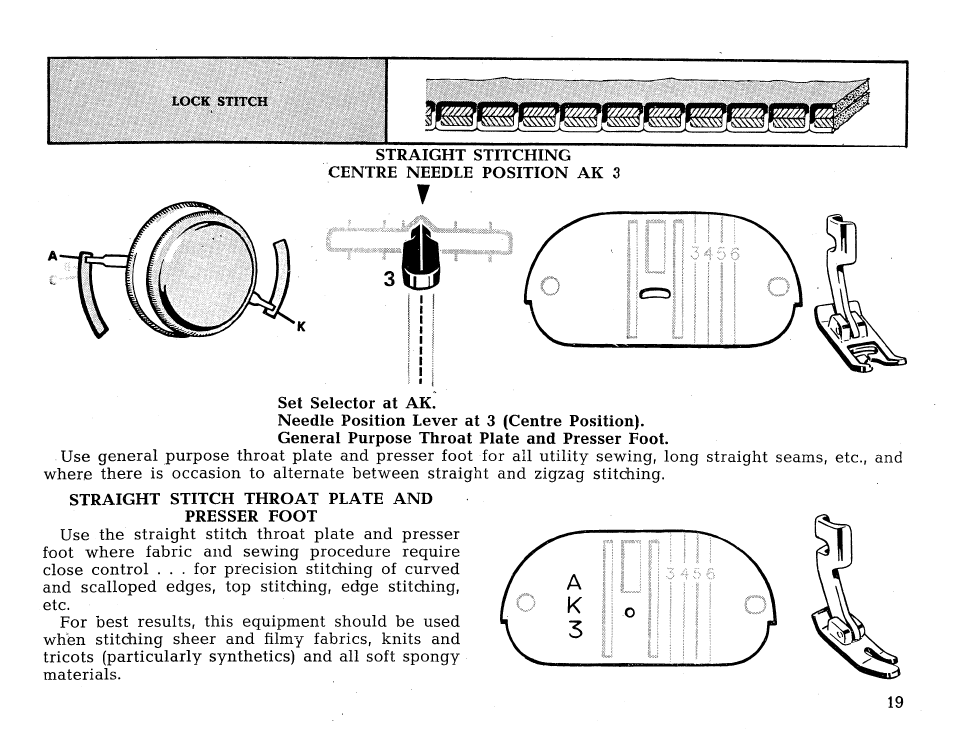 Straight stitching centre needle position ak 3, Needle position lever at 3 (centre position), Straight stitch throat plate and presser foot | SINGER 431 User Manual | Page 21 / 100