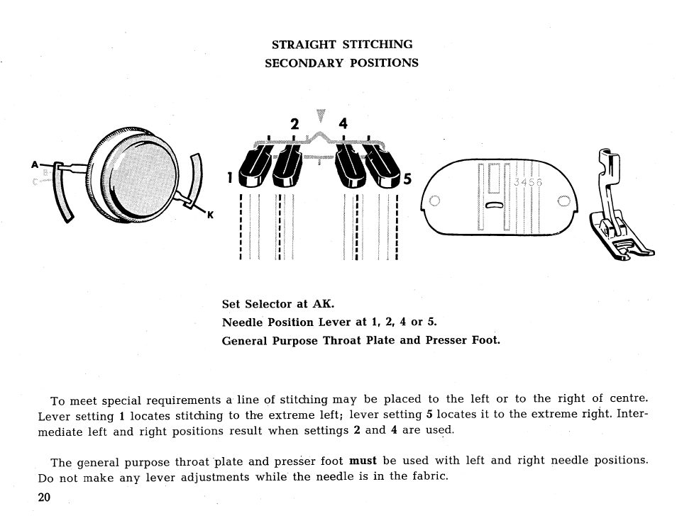 Straight stitching secondary positions, Set selector at ak | SINGER 431 User Manual | Page 22 / 100