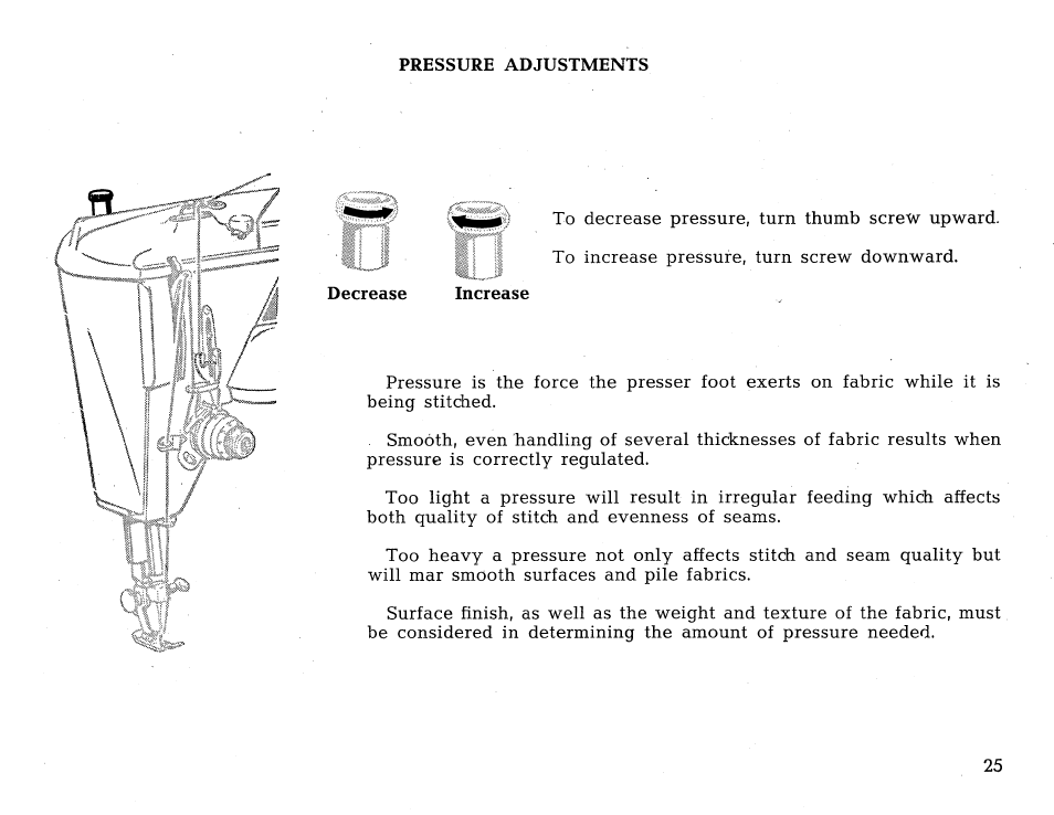 Pressure adjustments, Decrease | SINGER 431 User Manual | Page 27 / 100