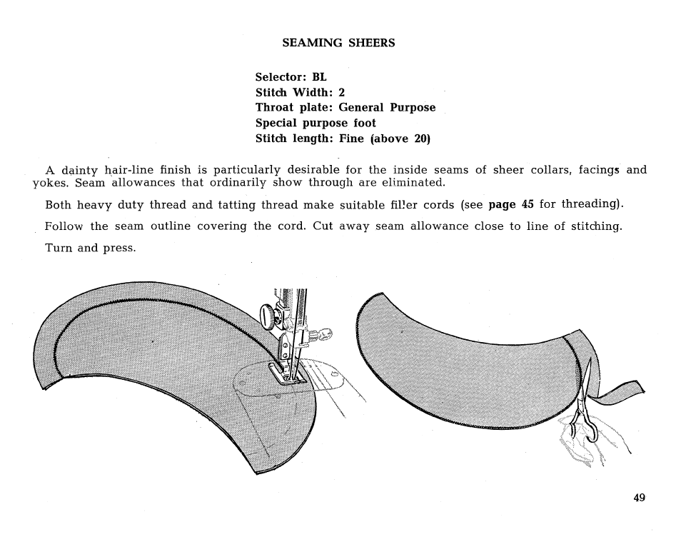 Seaming sheers, Selector: bl stitch width: 2 | SINGER 431 User Manual | Page 51 / 100