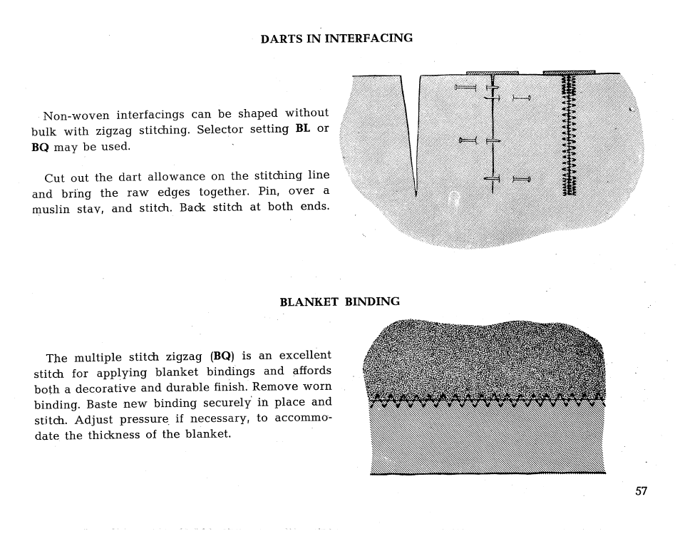 Darts in interfacing, Blanket binding | SINGER 431 User Manual | Page 59 / 100