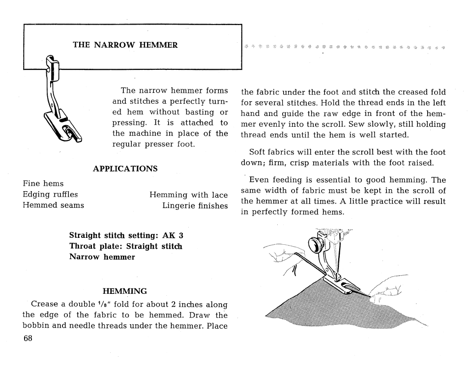 The narrow hemmer, Applications, Hemming | SINGER 431 User Manual | Page 70 / 100