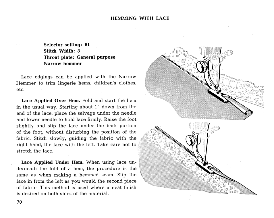 Hemming with lace, Selector setting: bl | SINGER 431 User Manual | Page 72 / 100