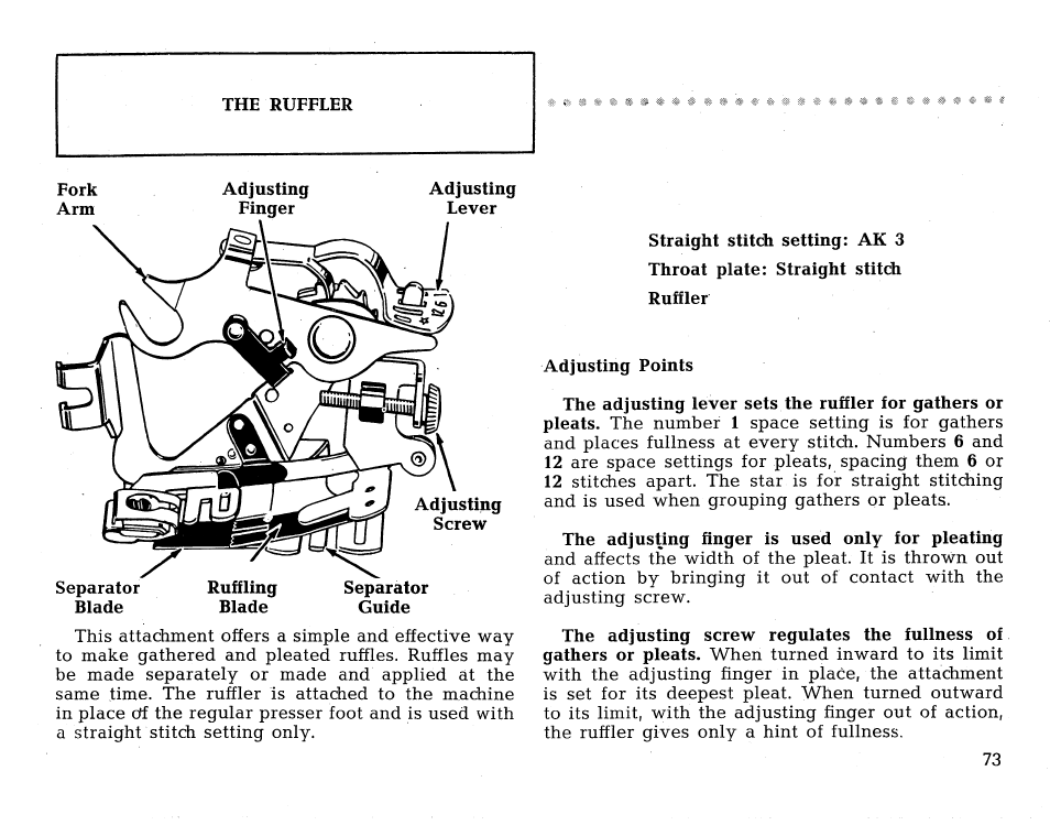 Adjusting points, The adjusting finger is used only for pleating | SINGER 431 User Manual | Page 75 / 100