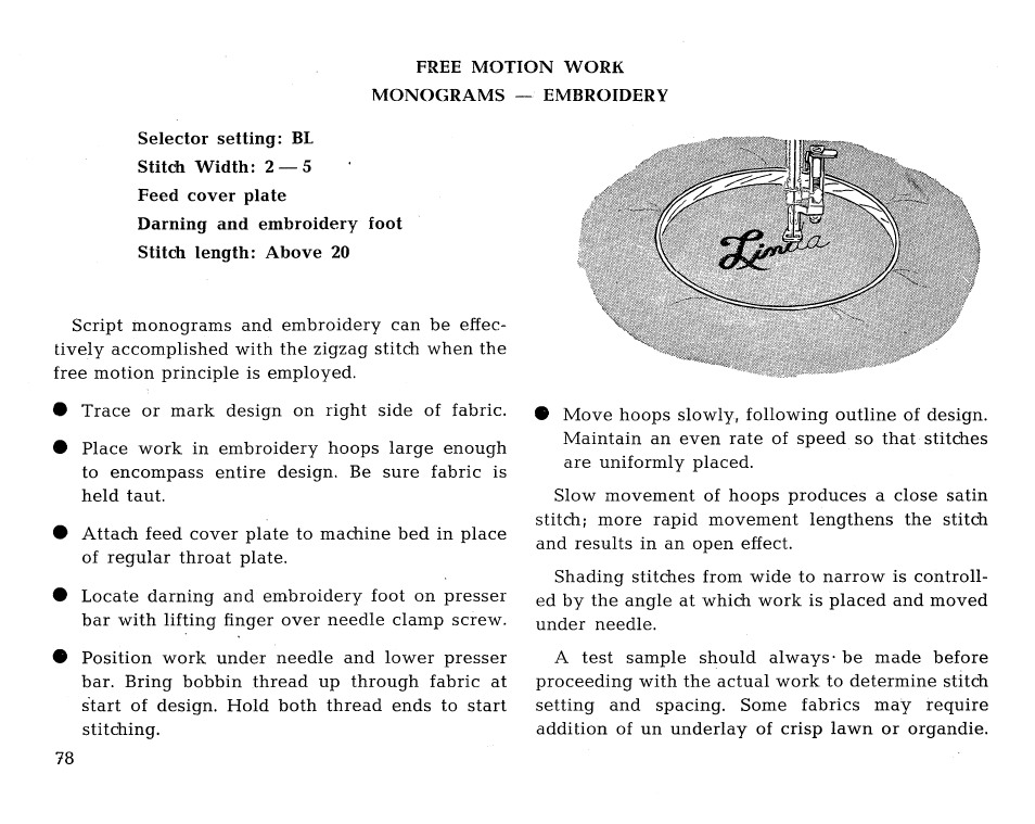 Free motion work monograms — embroidery, Selector setting: bl, Stitch width: 2 —5 | SINGER 431 User Manual | Page 80 / 100