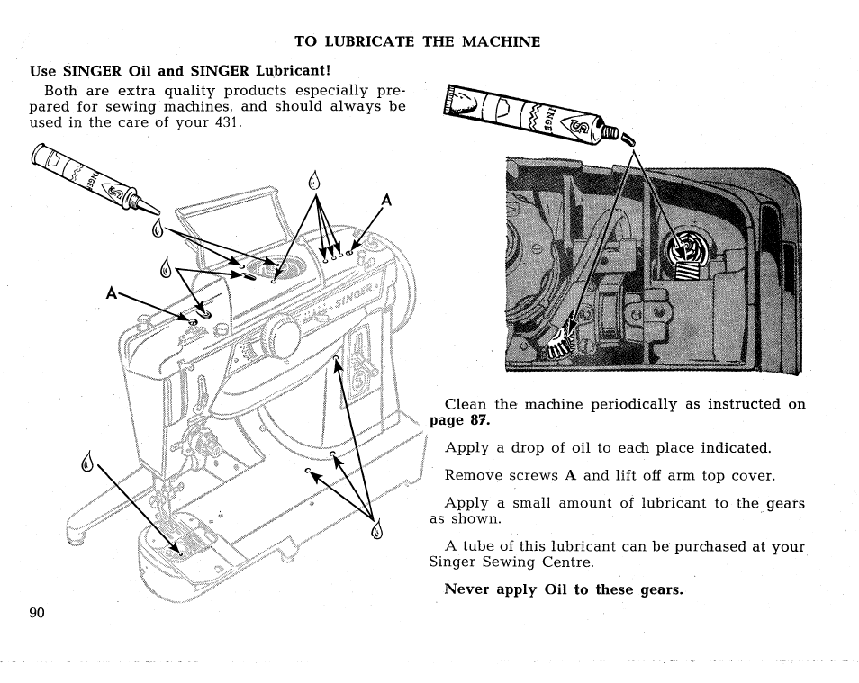 Use singer oil and singer lubricant | SINGER 431 User Manual | Page 92 / 100