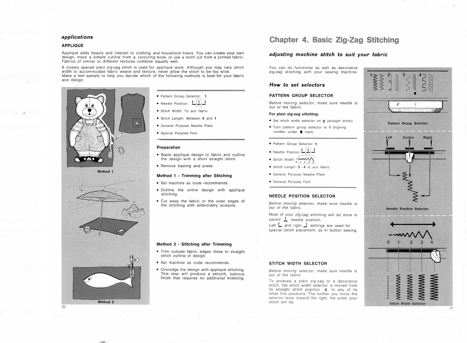 Chapter 4. basic zig-zag stitching, Chapter 4, Basic zig-zag stitching | Lj. j, Adjusting machine stitch to suit your fabric, How to set selectors | SINGER 4314 User Manual | Page 21 / 44