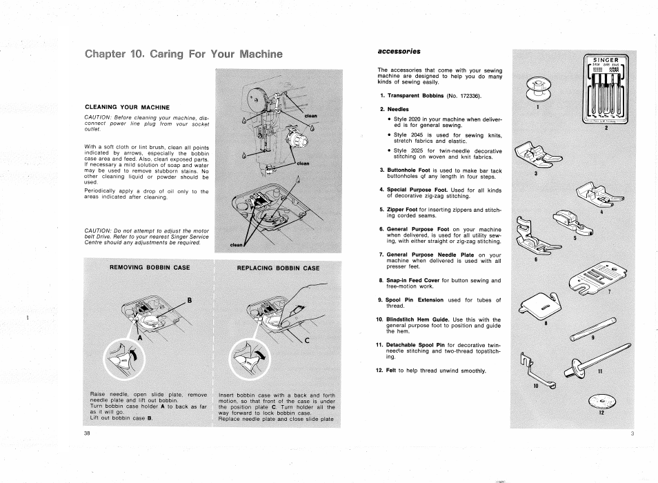 Chapter 10. caring for your machine, Chapter 10, Caring for your machine | Cleaning your machine, Removing bobbin case replacing bobbin case | SINGER 4314 User Manual | Page 40 / 44