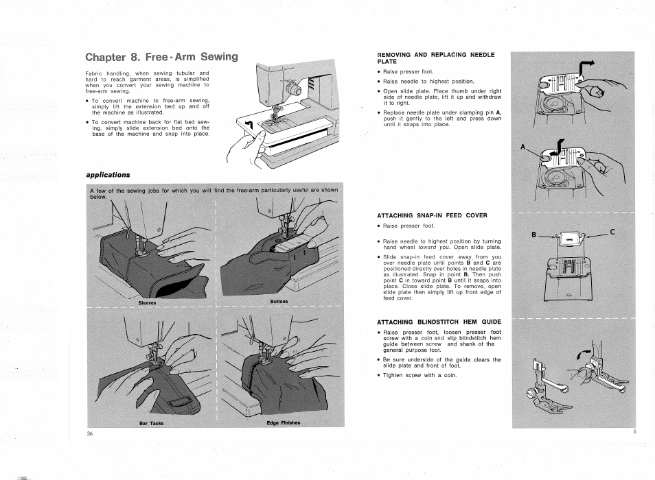 Removing and replacing needle plate, Attaching snap-in feed cover, Attaching blindstitch hem guide | SINGER 4314 User Manual | Page 7 / 44