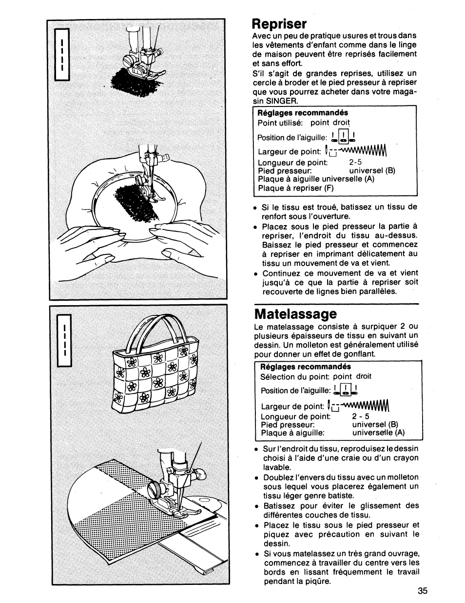 Matelassage, Repriser | SINGER 7011 User Manual | Page 37 / 78