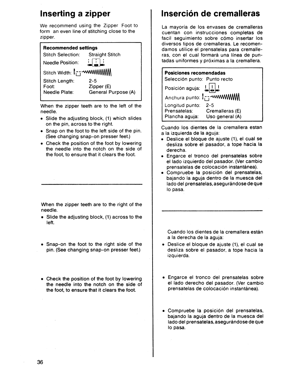 Inserting a zipper, Inserción de cremalleras, Inserción de una cremallera | SINGER 7011 User Manual | Page 38 / 78