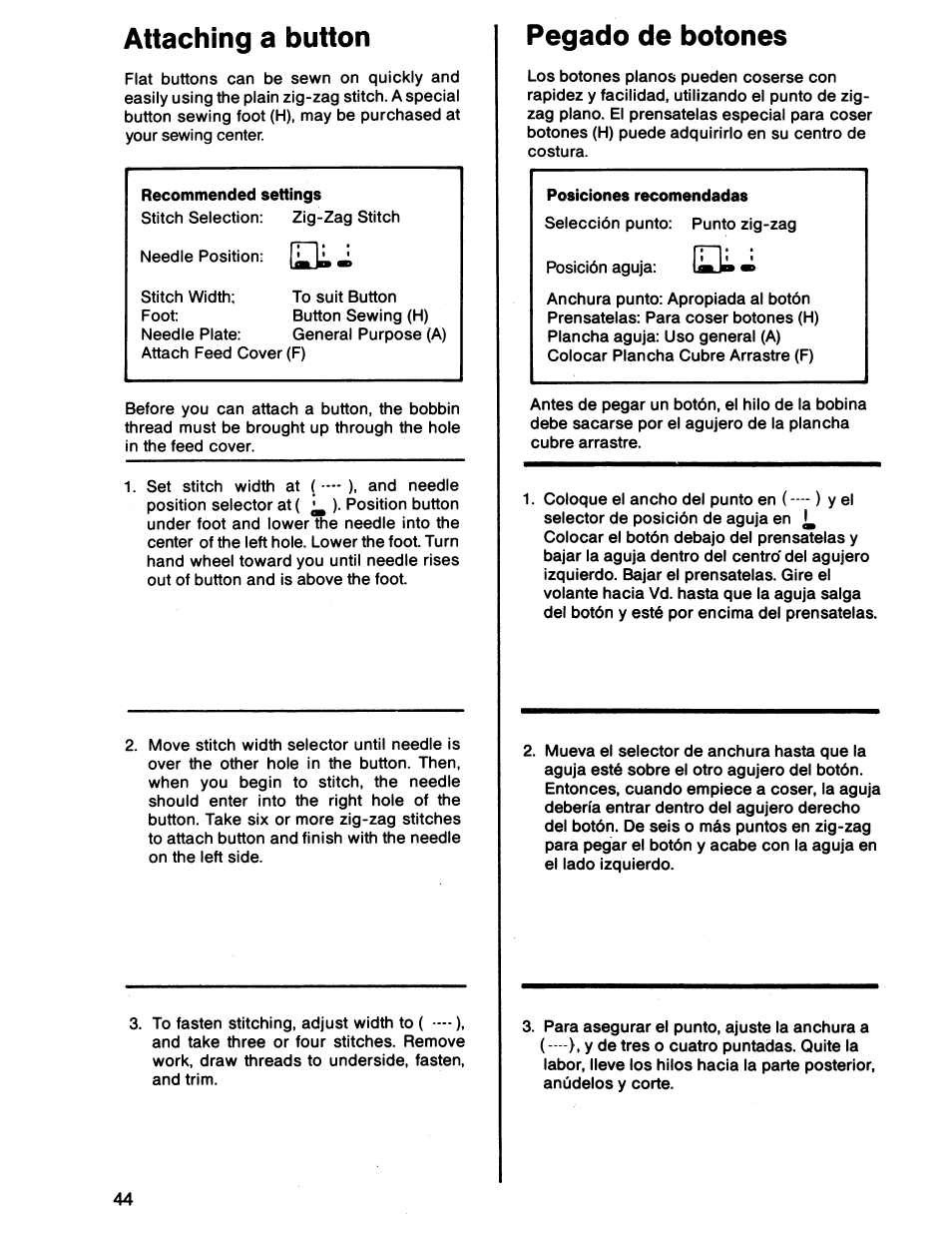 Attaching a button, Pegado de botones, Pegado de un botón | SINGER 7011 User Manual | Page 46 / 78