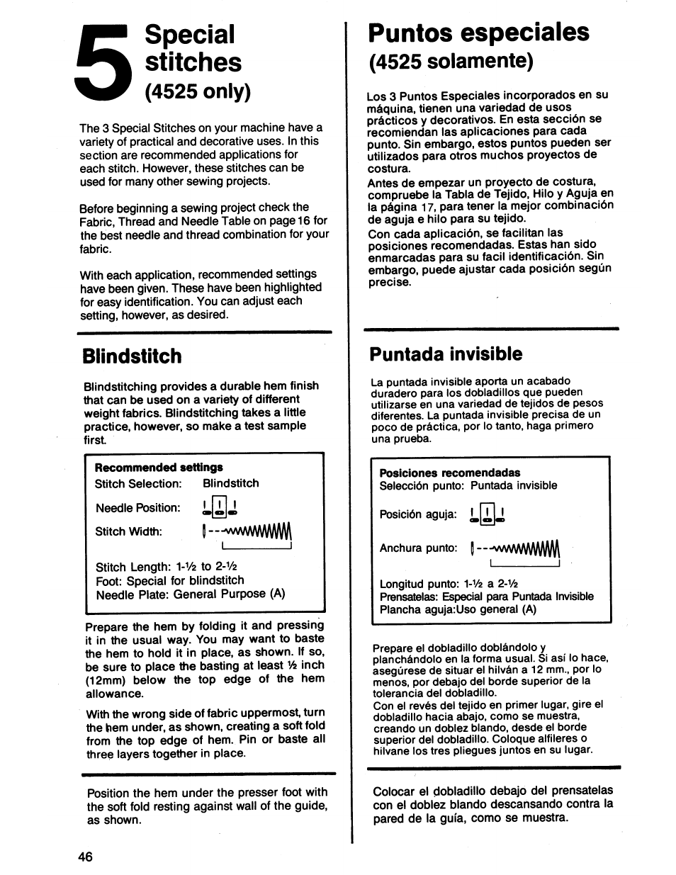 Special, Stitches, 4525 only) | Blindstitch, Puntos especiales, 4525 solamente), Puntada invisible, Special stitches | SINGER 7011 User Manual | Page 48 / 78