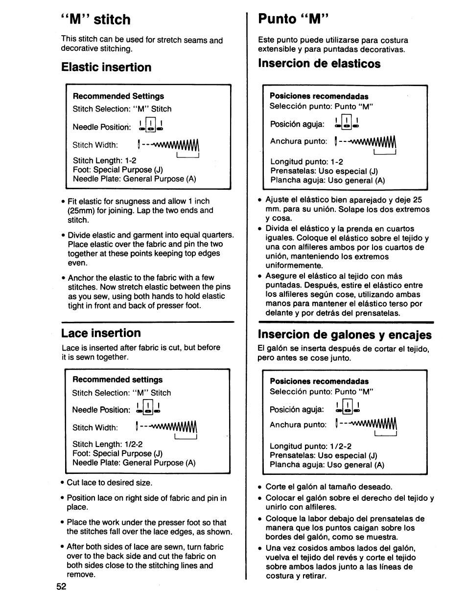 M” stitch, Elastic insertion, Lace insertion | Punto “m, Inserción de elásticos, Inserción de gaiones y encajes, M” stitch elastic insertion lace insertion | SINGER 7011 User Manual | Page 54 / 78