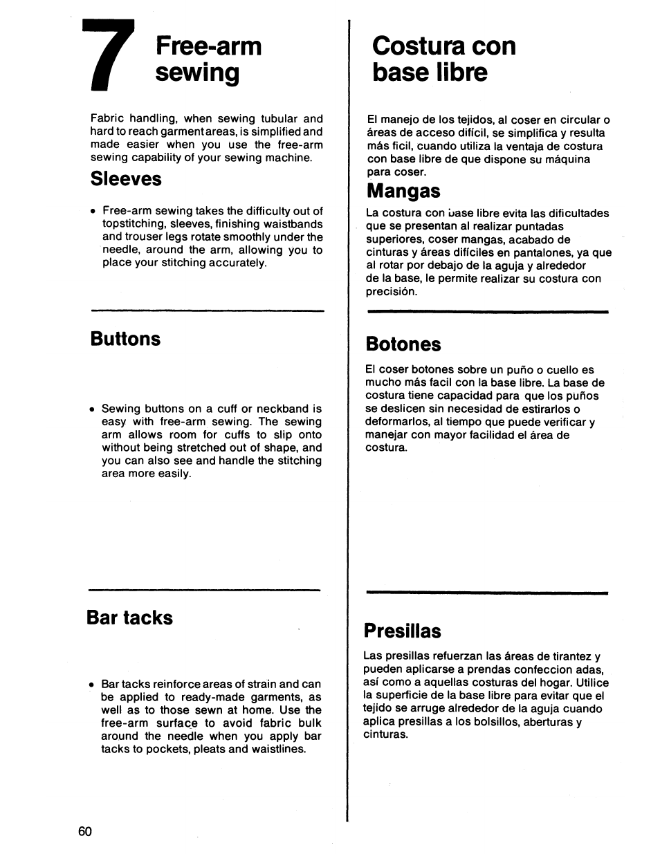 Free-arm, Sewing, Sleeves | Buttons, Bar tacks, Costura con base libre, Mangas, Botones, Presillas, Free-arm sewing | SINGER 7011 User Manual | Page 60 / 78