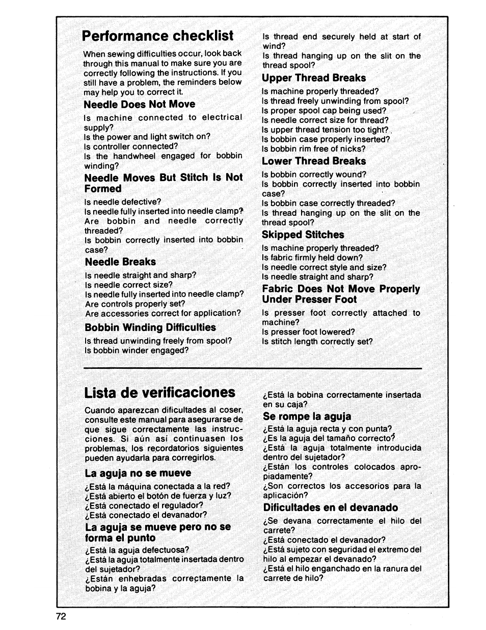 Performance checklist, Lista de verificaciones | SINGER 7011 User Manual | Page 72 / 78