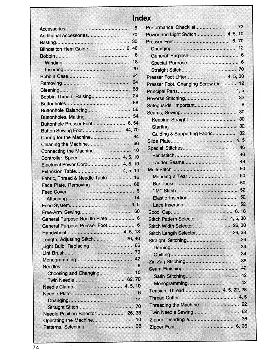 Index, Indice | SINGER 7011 User Manual | Page 74 / 78
