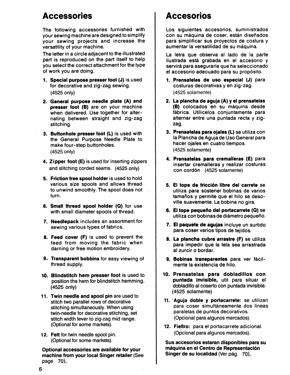 Accessories, Accesorios | SINGER 7011 User Manual | Page 8 / 78
