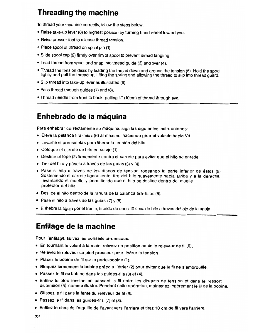 Threading the machine, Enhebrado de la máquina, Enfilage de la machine | SINGER 7021 Merritt User Manual | Page 24 / 88