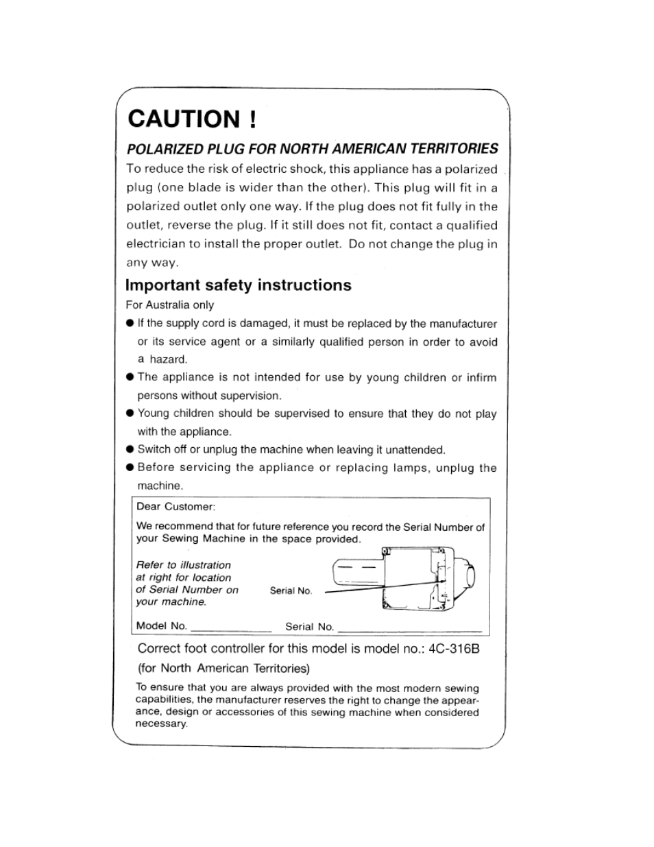 Caution, Important safety instructions | SINGER 9432 User Manual | Page 2 / 51