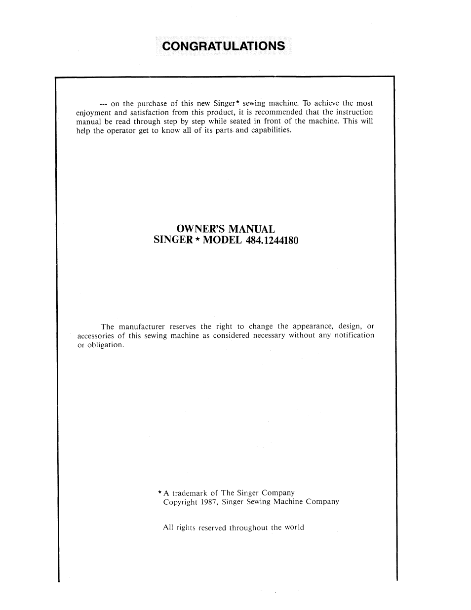 Congratulations | SINGER 484.1244180 (Sold at Sears) User Manual | Page 2 / 36