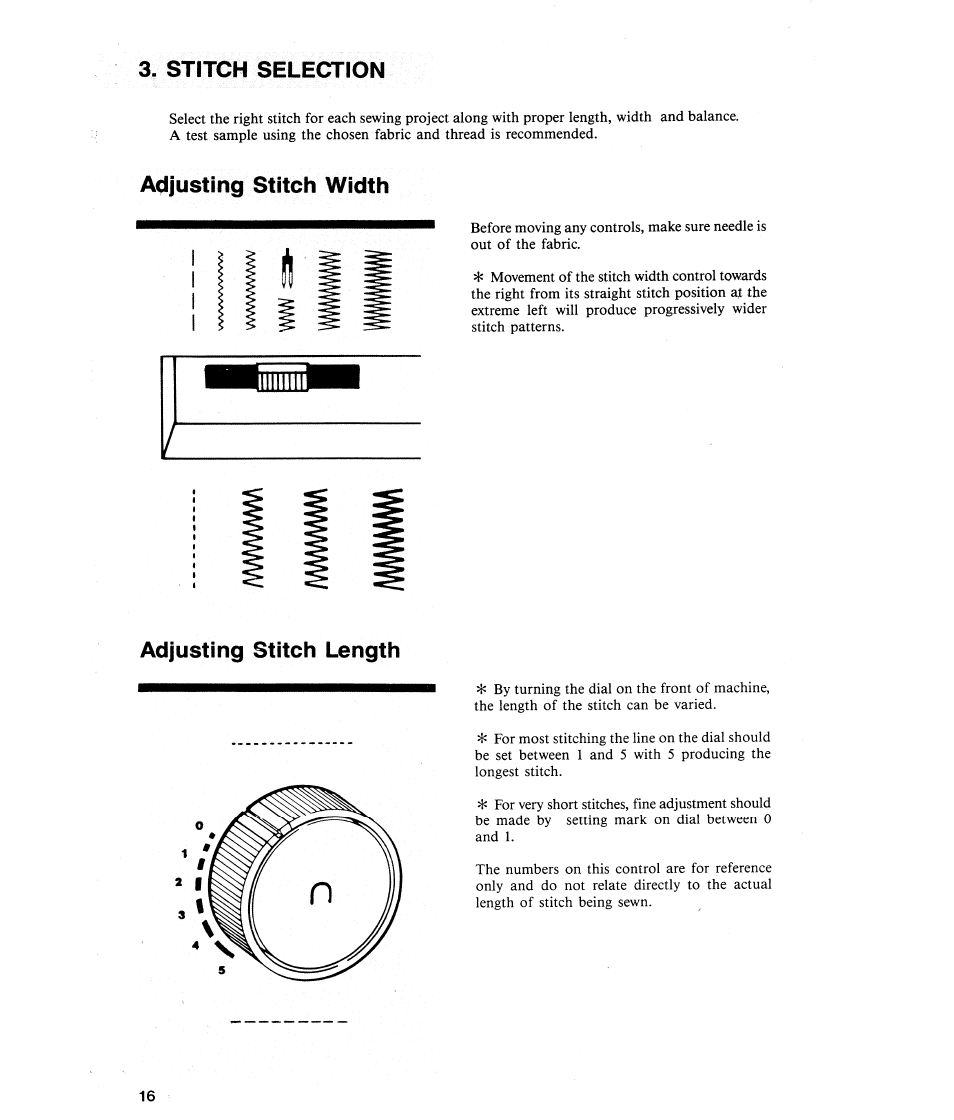 Stitch selection, Adjusting stitch width, Adjusting stitch length | Adjusting stitch width adjusting stitch length | SINGER 484.1544180 (Sold at Sears) User Manual | Page 18 / 36