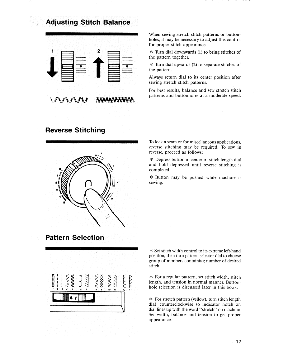 Adjusting stitch balance, Reverse stitching, Pattern selection | Reverse stitching pattern selection, V/v\av/v | SINGER 484.1544180 (Sold at Sears) User Manual | Page 19 / 36