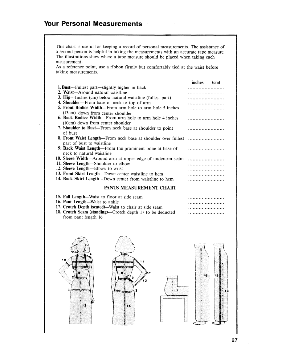 Your personal measurements, Personal measurements | SINGER 484.1544180 (Sold at Sears) User Manual | Page 29 / 36