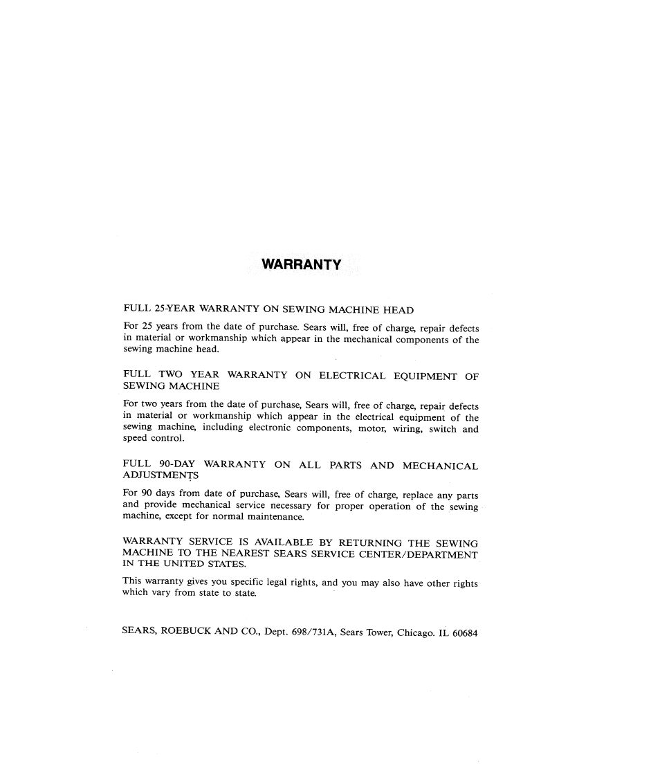 Warranty | SINGER 484.1544180 (Sold at Sears) User Manual | Page 35 / 36