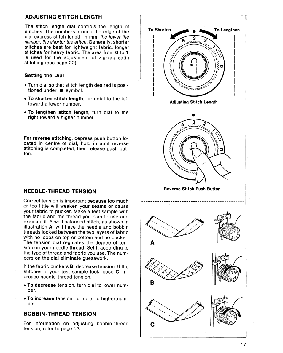 Adjusting stitch length, Setting the dial, Needle-thread tension | Bobbin-thread tension | SINGER 5102 User Manual | Page 19 / 32