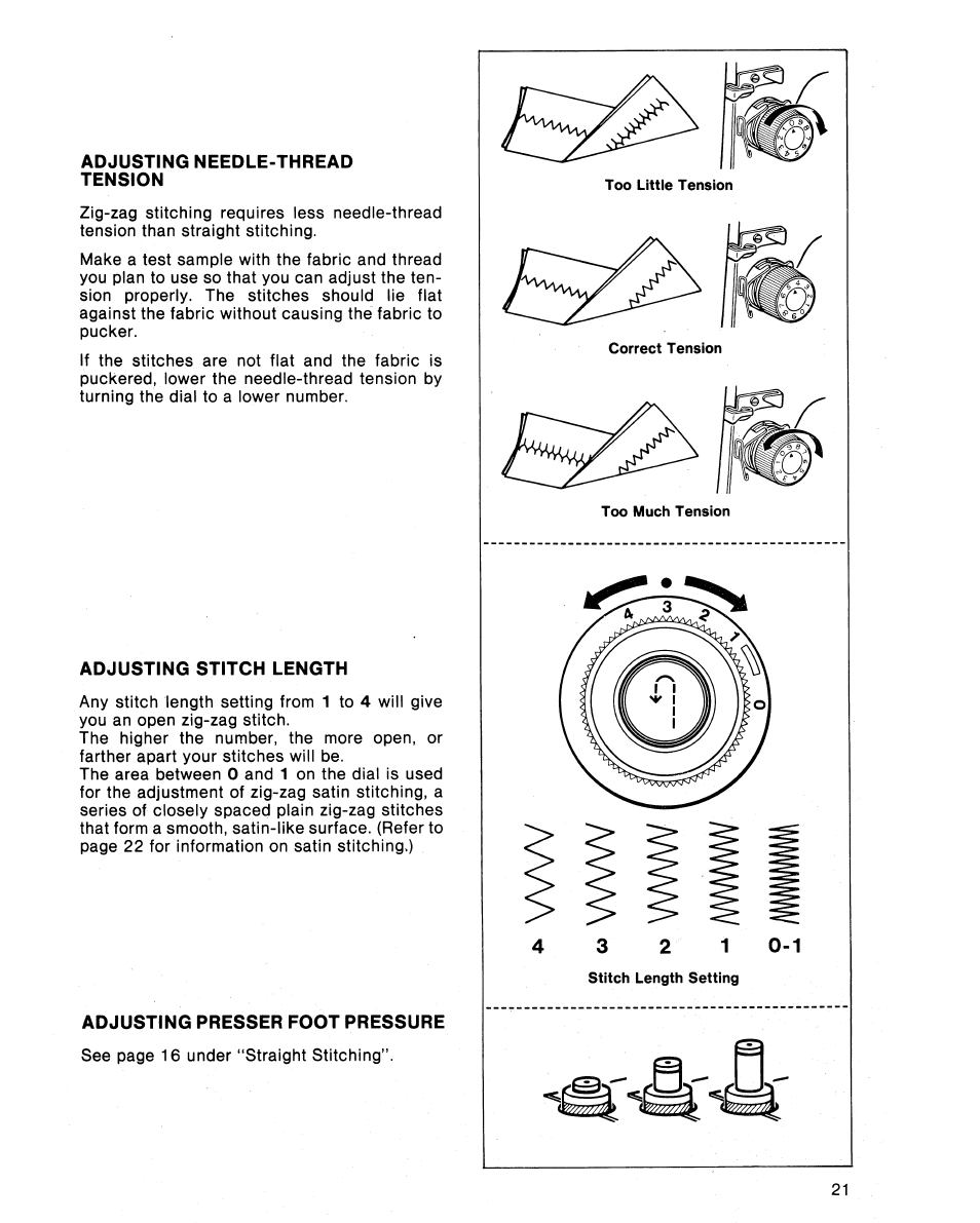Adjusting needle-thread tension, Adjusting stitch length, Adjusting presser foot pressure | SINGER 5102 User Manual | Page 23 / 32