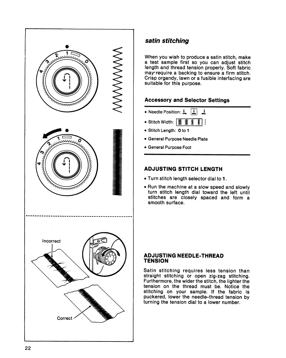 Accessory and selector settings, Adjusting stitch length, Adjusting needle-thread tension | Satin stitching | SINGER 5102 User Manual | Page 24 / 32