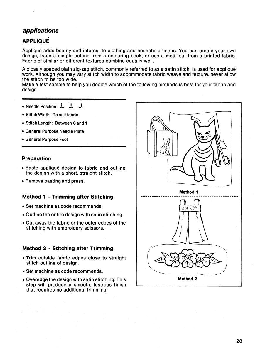 Appliqué, Preparation, Method 1 - trimming after stitching | Method 2 - stitching after trimming, Applications | SINGER 5102 User Manual | Page 25 / 32