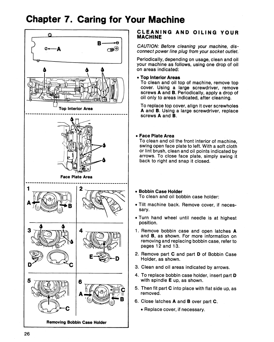 Chapter 7. caring for your machine, And oiling your | SINGER 5102 User Manual | Page 28 / 32