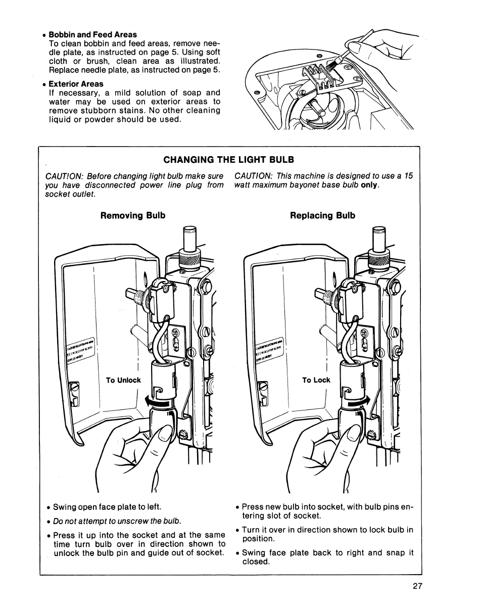 Changing the light bulb, Removing bulb, Replacing bulb | SINGER 5102 User Manual | Page 29 / 32