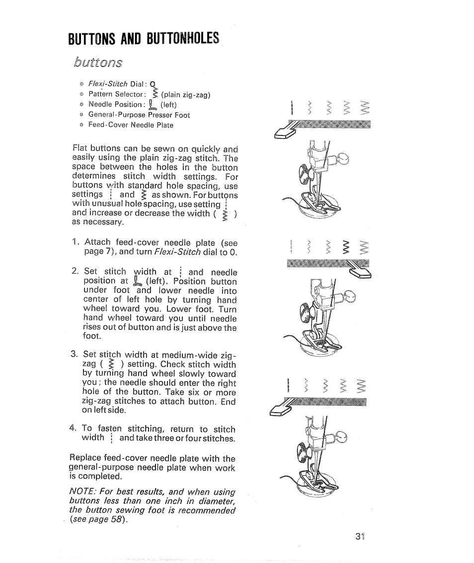 Buttons and buttonholes, Buttons and byitonholes | SINGER 513 Stylist User Manual | Page 33 / 64