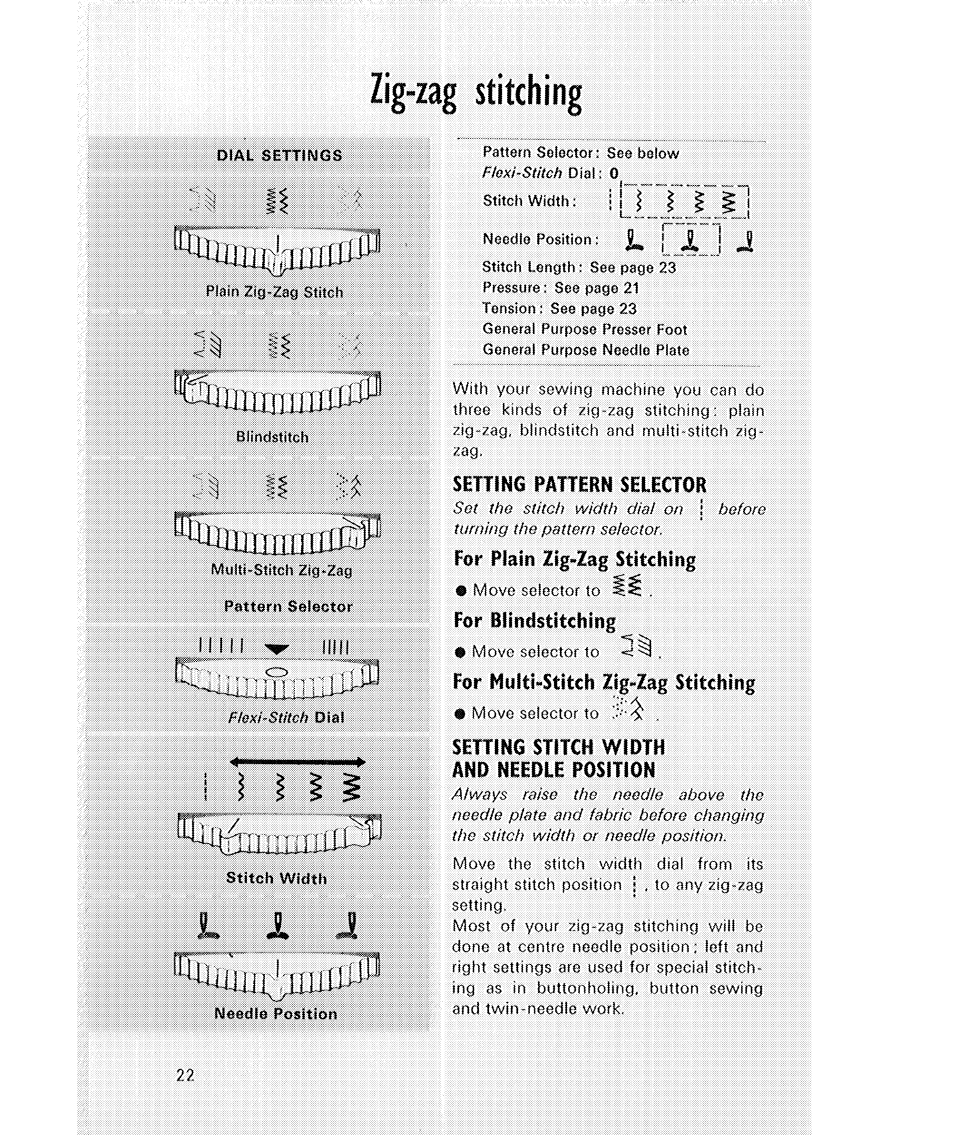 Zig-zag stitching, Setting pattern selector, For plain zig-zag stitching | For blindstitching, For mutt^stitch zig-zag stitching, Setting stitch width and needle position, К x л | SINGER 514 User Manual | Page 24 / 70