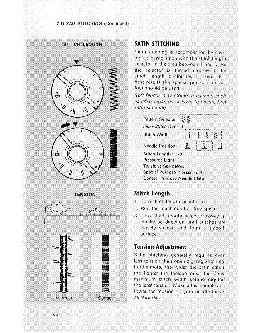 Satin stitching, Stitch length, Tension adjustment | Lâ..j, Il ■ ■ ■ ■ ■ li | SINGER 514 User Manual | Page 26 / 70