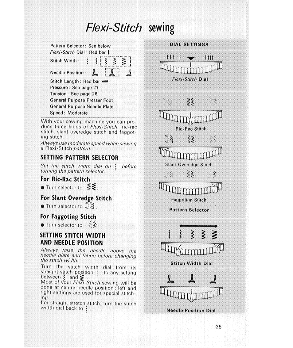 Setting pattern selector, For rlc-rac stitch, For slant overe^e stitch | For faggoting stitch, Setting stitch width and needle position, Sewing, Flexi-stitch | SINGER 514 User Manual | Page 27 / 70