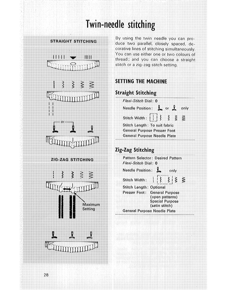 Twin-needle stitching, Setung the machine, Straight stitching | Zig-zag stitching | SINGER 514 User Manual | Page 30 / 70