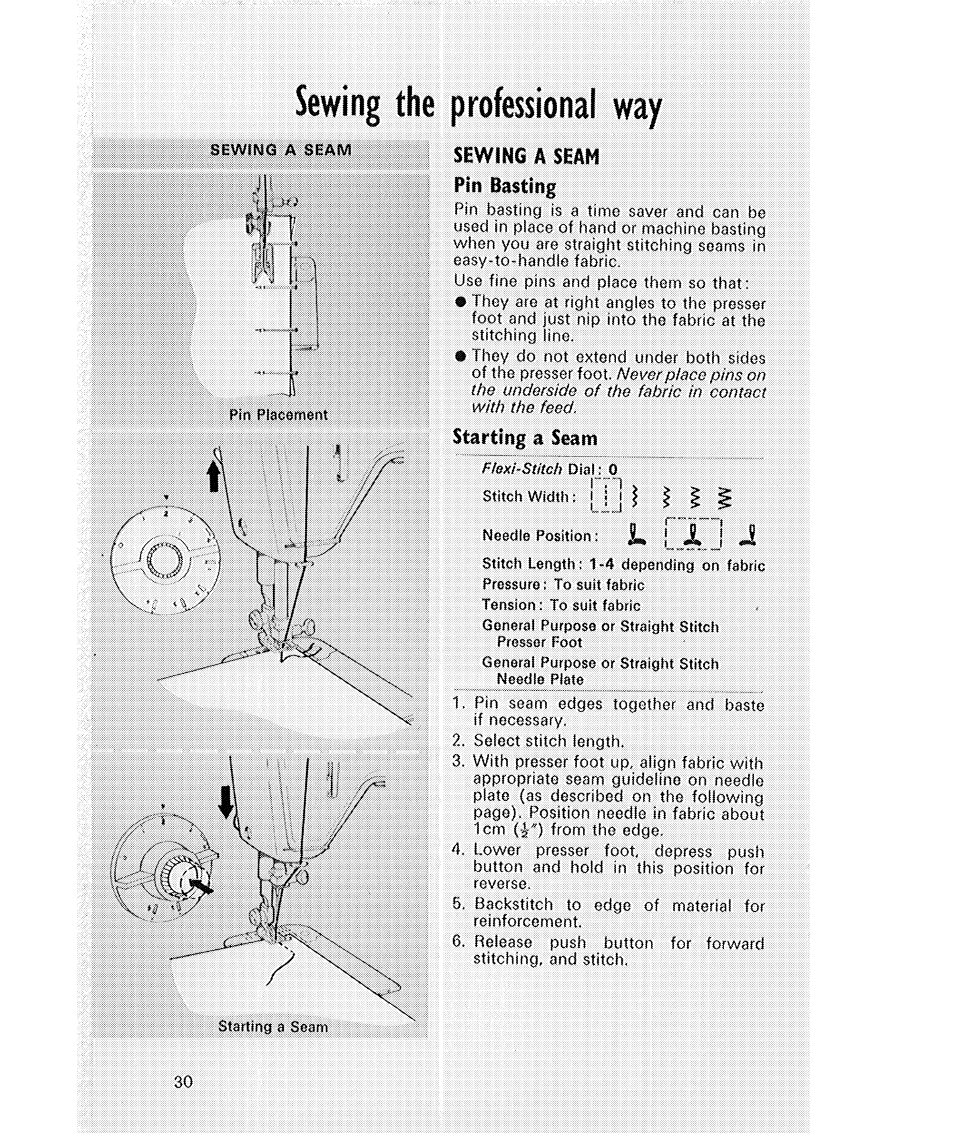 Sewing the professional way, Sewing a seam pin basting, Starting a seam | SINGER 514 User Manual | Page 32 / 70