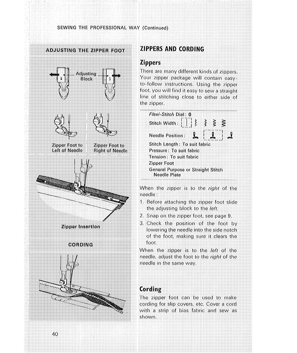 Zippers and cording, Zippers, Cording | SINGER 514 User Manual | Page 42 / 70