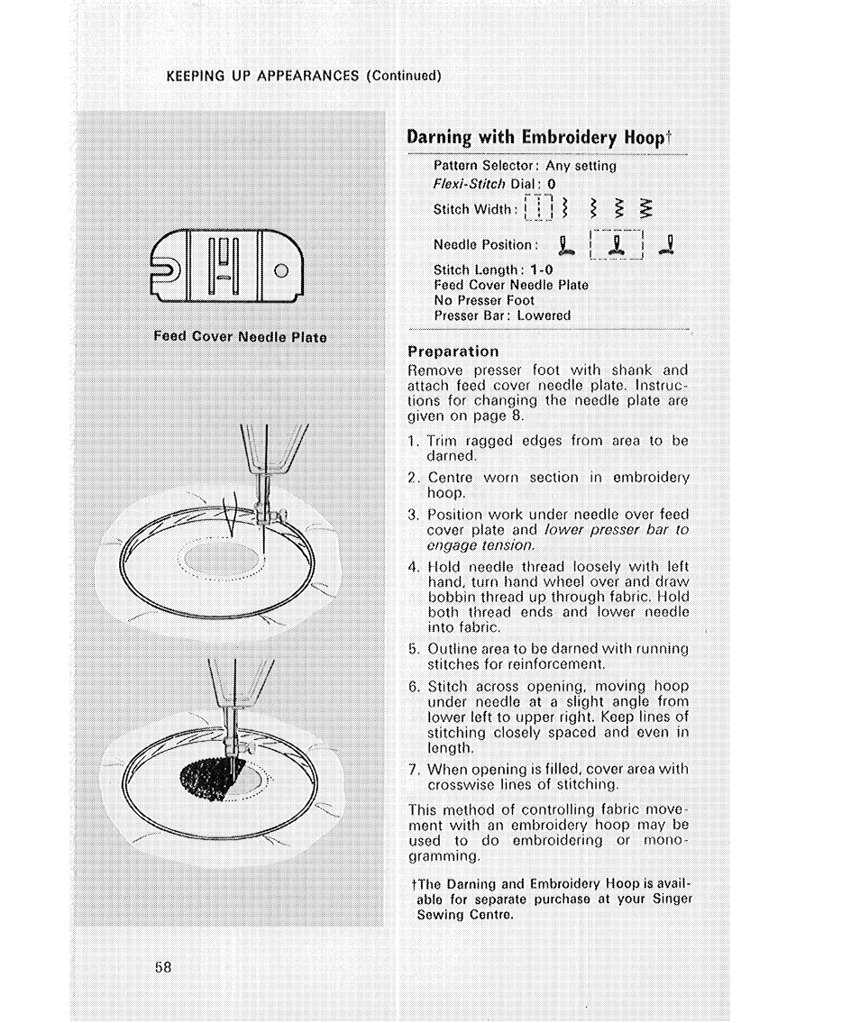 Darning with embroidery hoopt, Jl, j x j jl | SINGER 514 User Manual | Page 60 / 70
