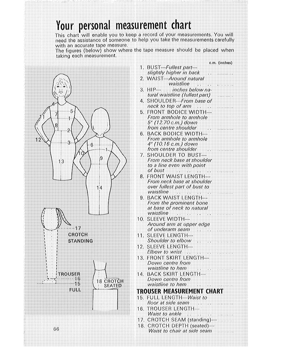 Your personal measurement chart | SINGER 514 User Manual | Page 68 / 70