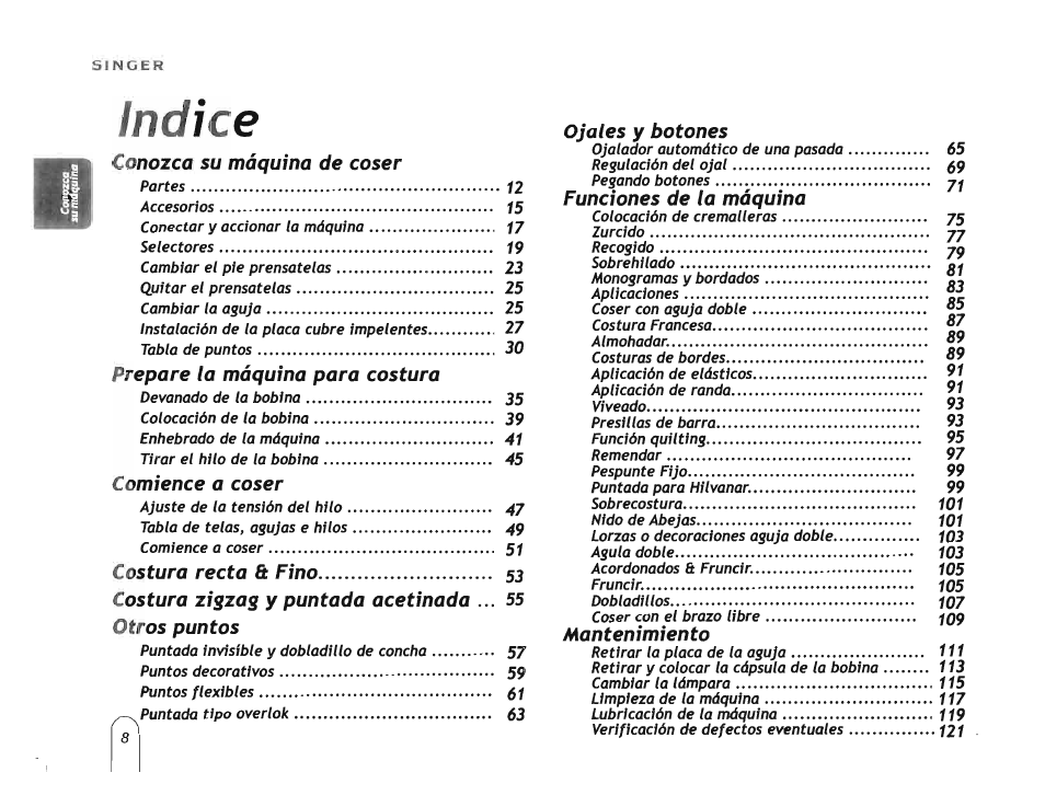 Indice | SINGER 5160 User Manual | Page 10 / 125