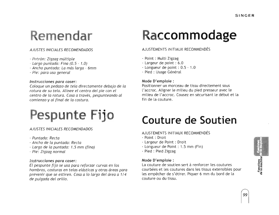 Pespunte fijo, Raccommodage, Raccomm odage | Remendar, Couture de soutien | SINGER 5160 User Manual | Page 101 / 125