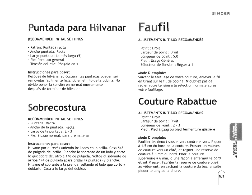 Faufll, Puntada para hilvanar, Sobrecostura | Couture rabattue | SINGER 5160 User Manual | Page 103 / 125