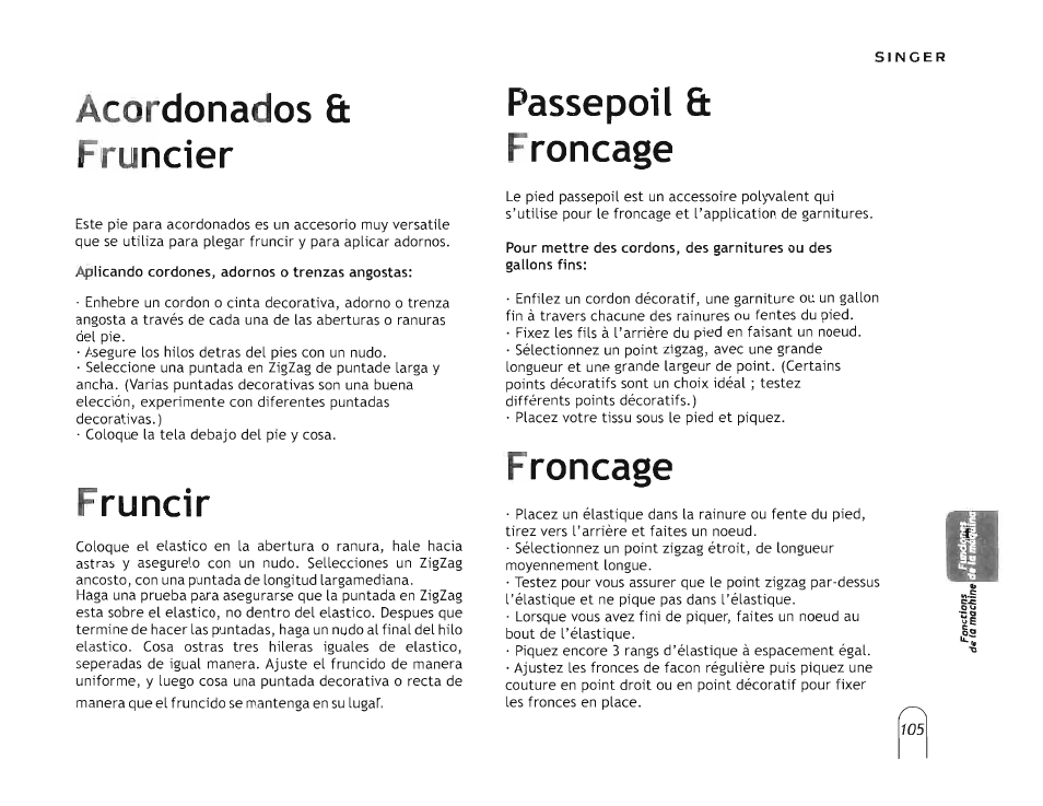 Acordonados 8t fruncier, Fruncir, Passepoil 8t froncage | Froncage | SINGER 5160 User Manual | Page 107 / 125