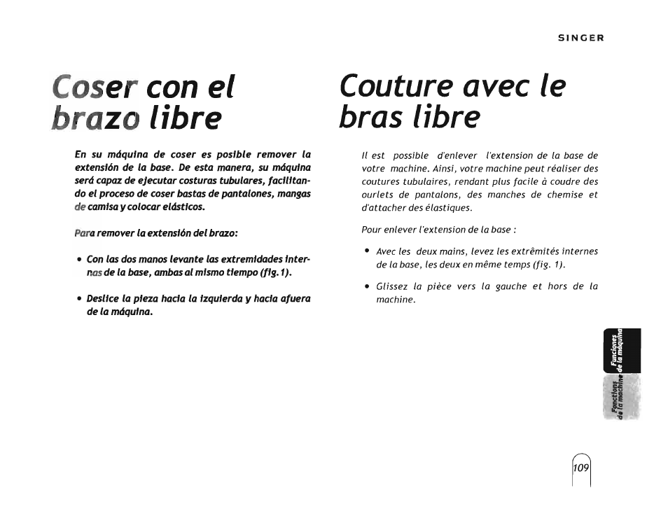 Couture avec le bras libre, Couture avec le bras-libre, Coser con el brazo libre | SINGER 5160 User Manual | Page 111 / 125