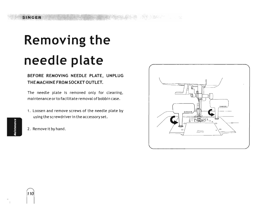 Removing the needle plate | SINGER 5160 User Manual | Page 112 / 125